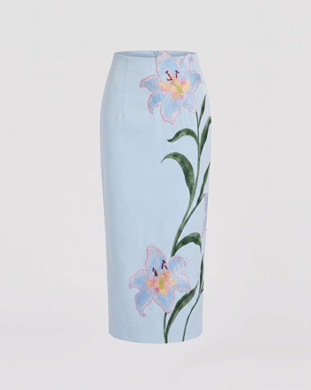 Lily Jupe crayon mi-longue taille haute brodée de fleurs - Bleu clair