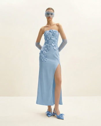 Robe longue à broderie florale - Bleu
