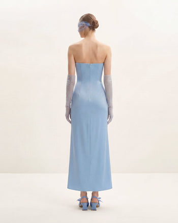 Robe longue à broderie florale - Bleu