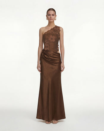 Robe en satin fleurie à une épaule - Marron