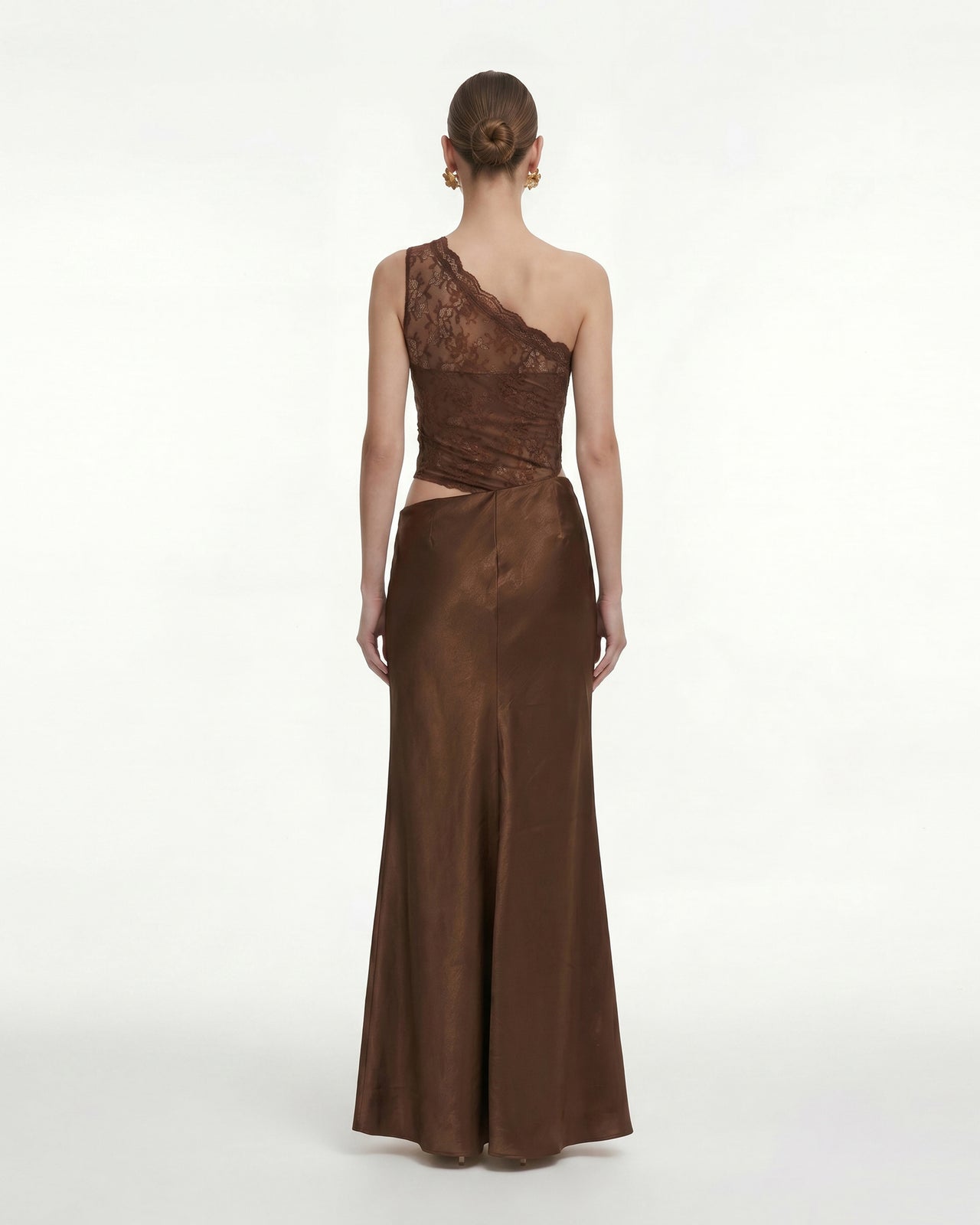 Robe en satin fleurie à une épaule - Marron