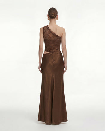 Robe en satin fleurie à une épaule - Marron