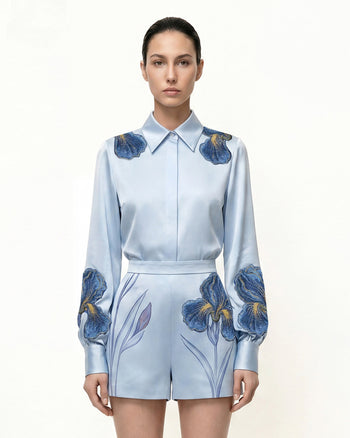 Iris Chemise brodée à col et manches longues - Bleu clair