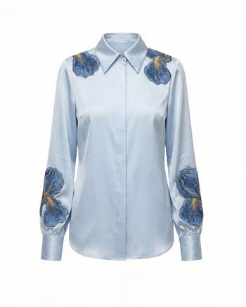 Iris Chemise brodée à col et manches longues - Bleu clair
