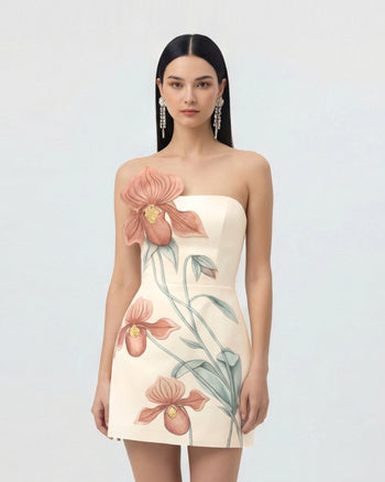 Mini-robe à appliqué d'orchidée Sabot de Vénus - Ivoire/Rose pêche
