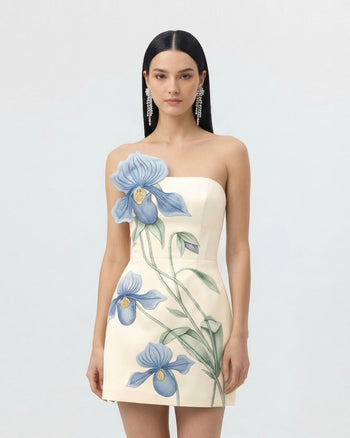 Mini-Robe Appliqué Orchidée Sabot - Ivoire/Bleu