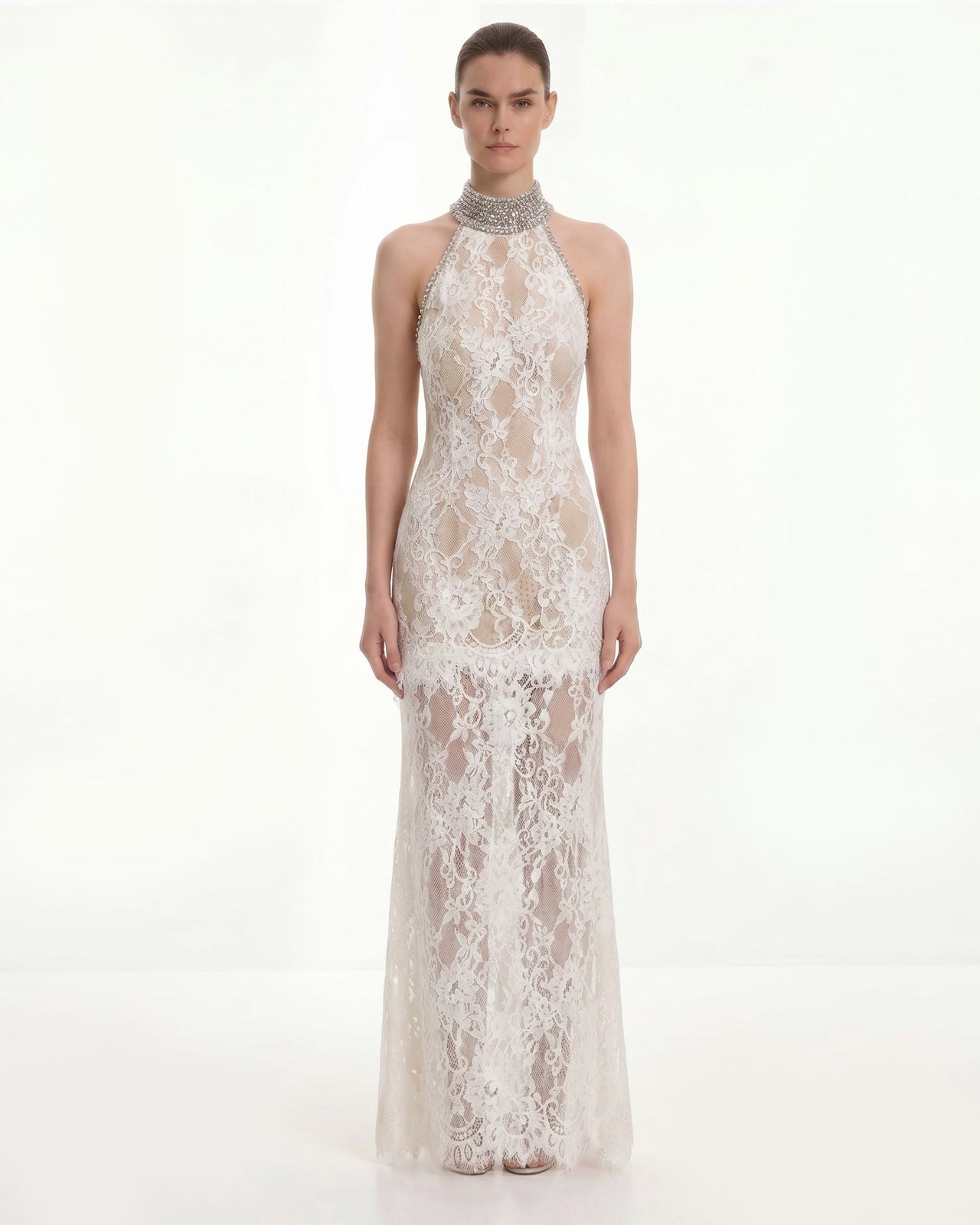 Robe dos nu en dentelle ornée de bijoux - Blanc