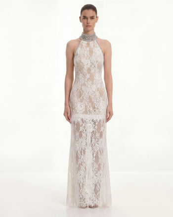 Robe dos nu en dentelle ornée de bijoux - Blanc