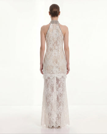 Robe dos nu en dentelle ornée de bijoux - Blanc