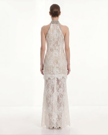 Robe dos nu en dentelle ornée de bijoux - Blanc