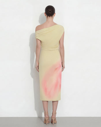 Robe midi asymétrique à une épaule à imprimé floral aquarelle - Jaune