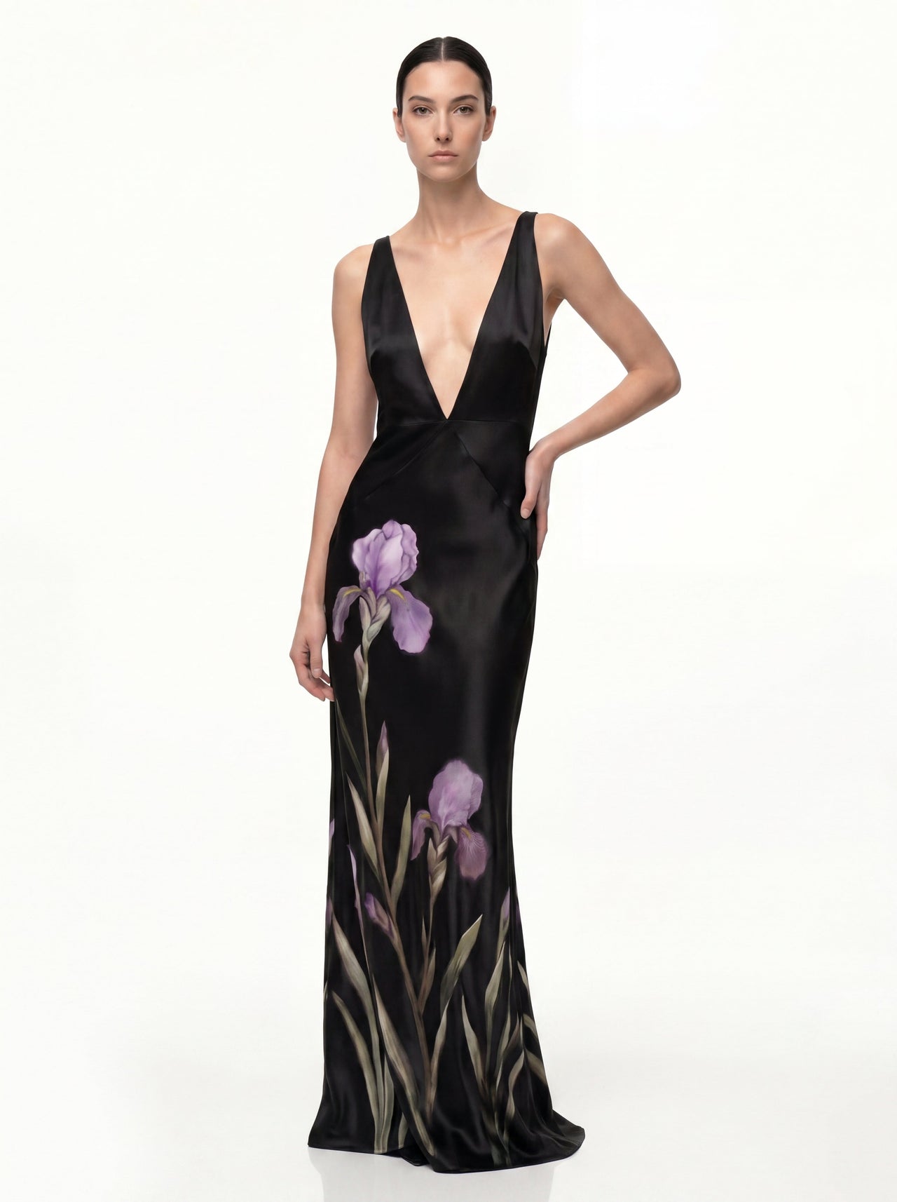 Floral Robe longue à décolleté en V profond - Noir