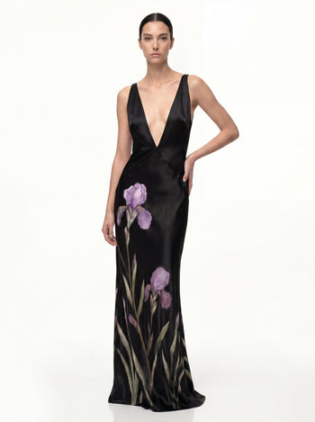Floral Robe longue à décolleté en V profond - Noir