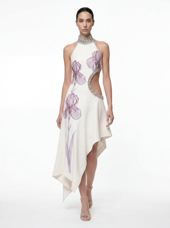 Robe à col montant ajourée avec ornements bijoux Floral - Blanc