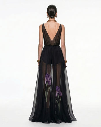 Robe maxi en voile à imprimé floral - Noir