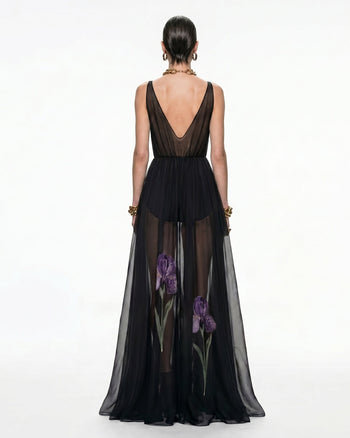 Robe maxi en voile à imprimé floral - Noir