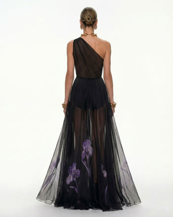 Robe maxi fleurie à une épaule - Noir