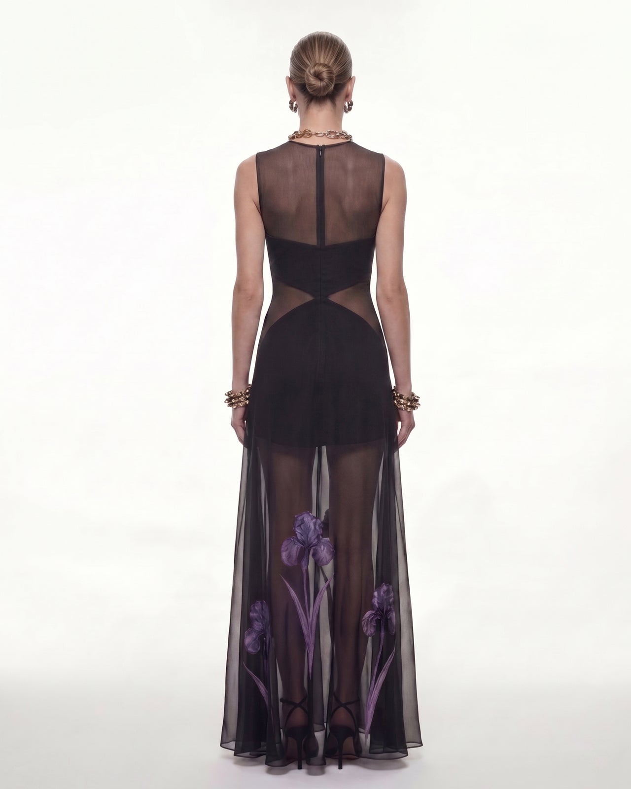 Robe maxi à empiècements en voile à imprimé floral - Noir