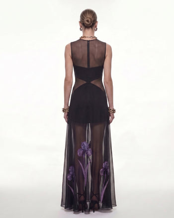 Robe maxi à empiècements en voile à imprimé floral - Noir
