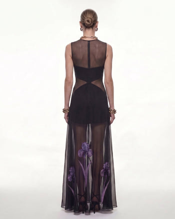 Robe maxi à empiècements en voile à imprimé floral - Noir