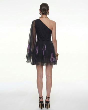 Robe fleurie en mesh à une épaule - Noir