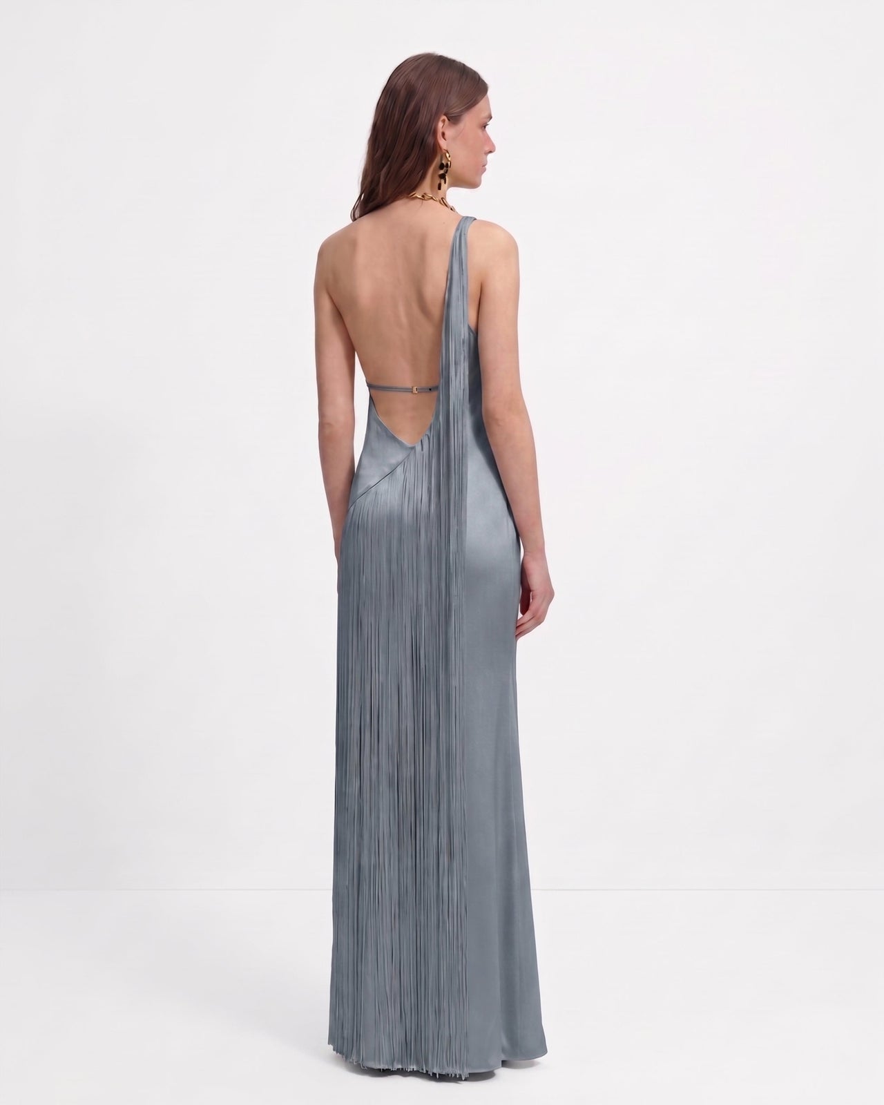 Robe longue asymétrique à franges - Bleu brume