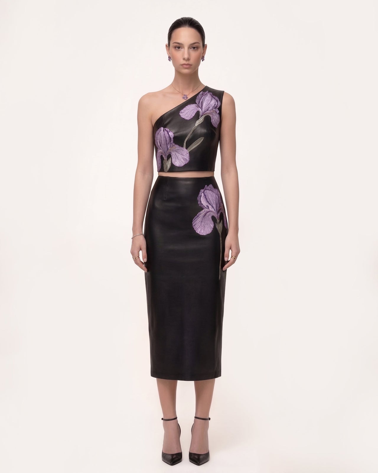 Iris Jupe crayon mi-longue en cuir taille haute à imprimé floral - Noir