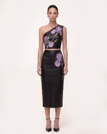 Iris Jupe crayon mi-longue en cuir taille haute à imprimé floral - Noir