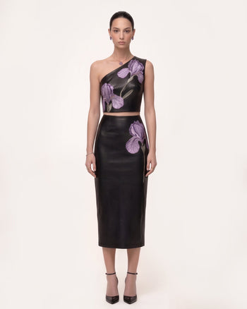 Iris Jupe crayon mi-longue en cuir taille haute à imprimé floral - Noir