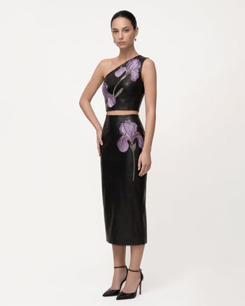 Iris Jupe crayon mi-longue en cuir taille haute à imprimé floral - Noir