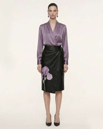 Blouse à manches longues en satin à col en V cache-cœur - Mauve poudré