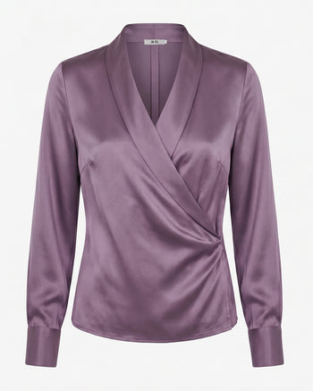 Blouse à manches longues en satin à col en V cache-cœur - Mauve poudré