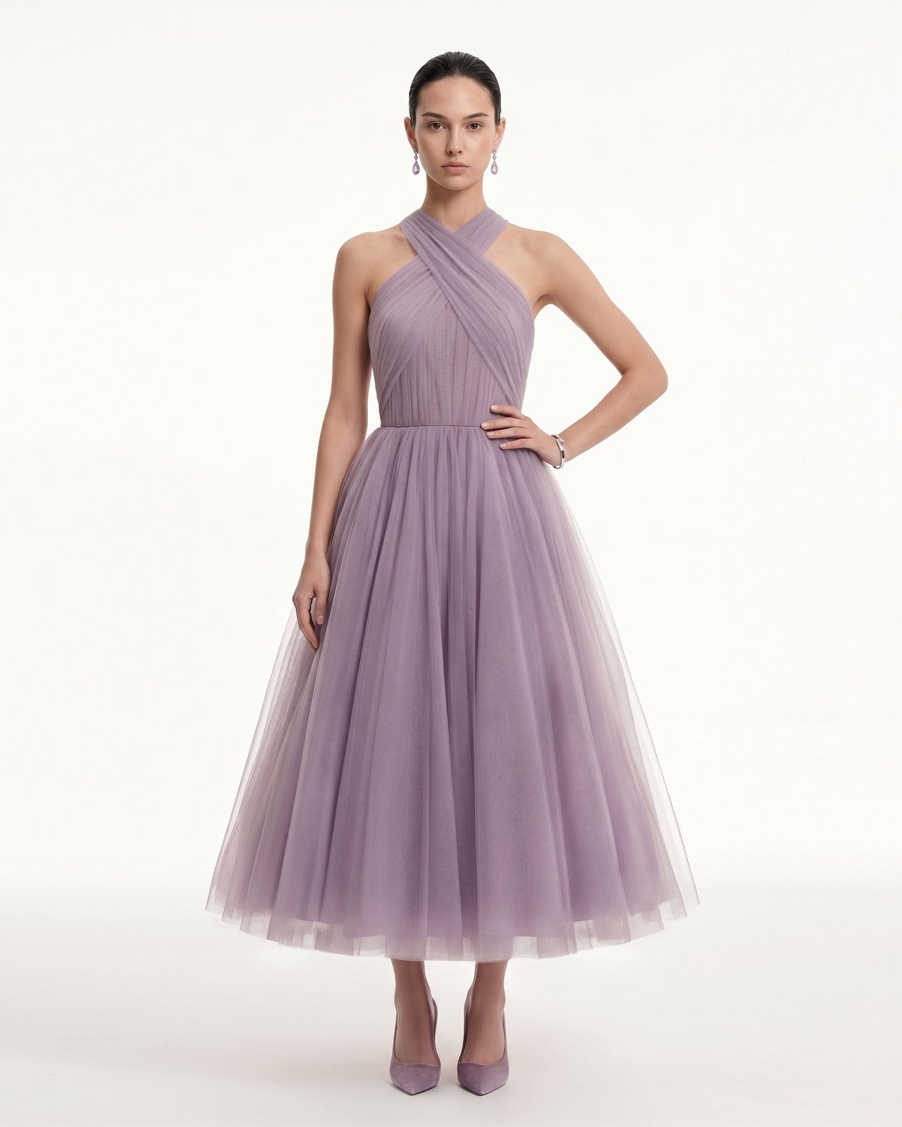 Robe mi-longue trapèze en tulle à licou croisé - Mauve poudré