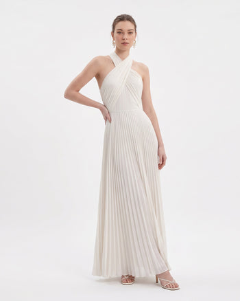 Robe longue plissée à licou croisé - Ivoire