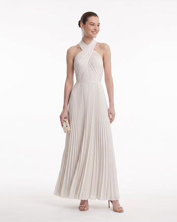 Robe longue plissée à licou croisé - Ivoire