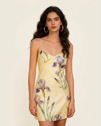 Iris Robe courte nuisette imprimée en satin - Jaune pâle