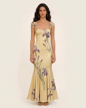 Iris Robe longue sirène imprimée en satin - Jaune pâle