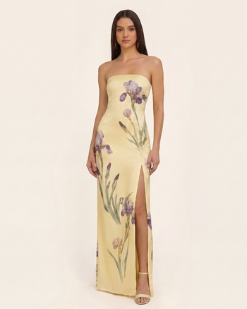 Iris Robe longue imprimée sans bretelles en satin fendue - Jaune pâle