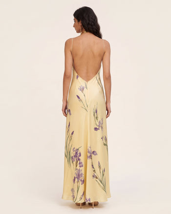 Iris Robe longue imprimée dos nu croisé et dos ouvert - Jaune