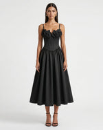 Robe longue corset à appliqué brodé orchidée - Noir