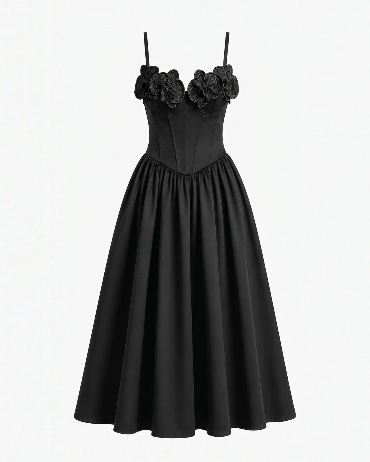 Robe longue corset à appliqué brodé orchidée - Noir