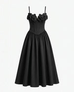 Robe longue corset à appliqué brodé orchidée - Noir