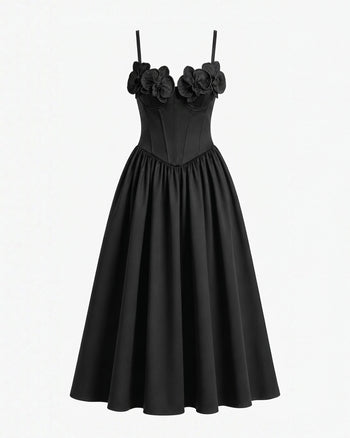 Robe longue corset à appliqué brodé orchidée - Noir
