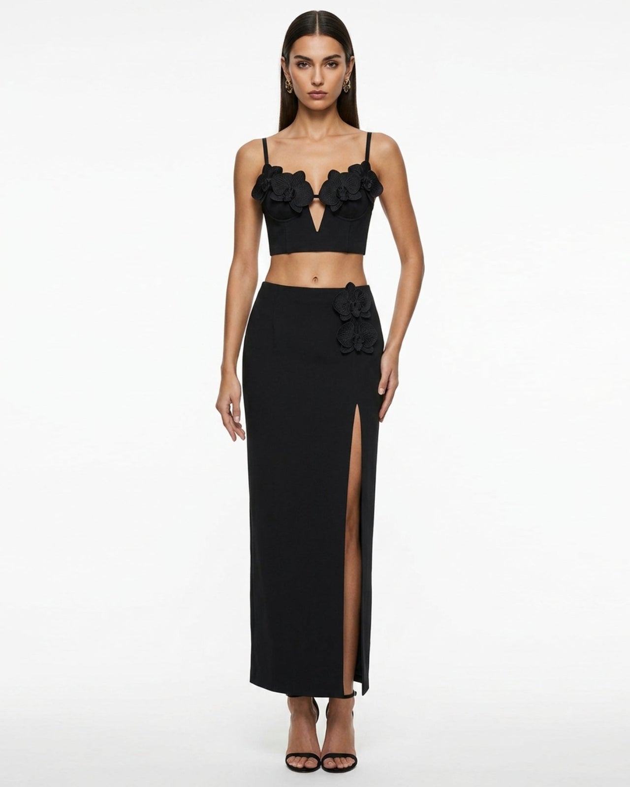Haut bustier corset à appliqué brodé orchidée - Noir