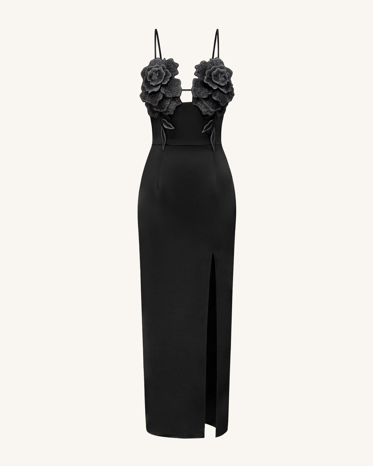 Robe longue à fines bretelles fleurie 3D - Noir