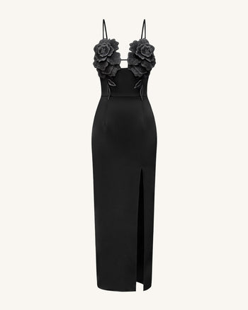 Robe longue à fines bretelles fleurie 3D - Noir