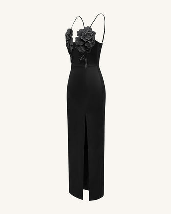 Robe longue à fines bretelles fleurie 3D - Noir