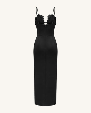 Robe longue à fines bretelles fleurie 3D - Noir