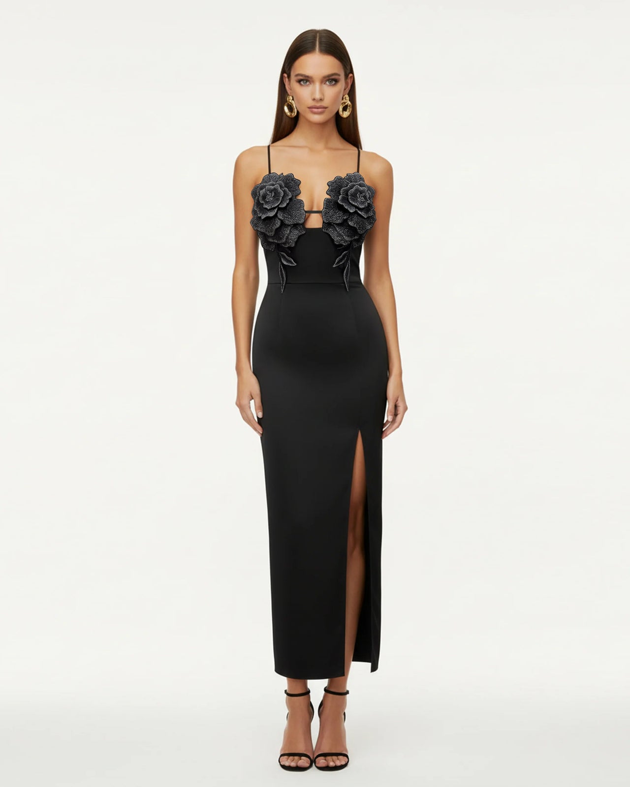 Robe longue à fines bretelles fleurie 3D - Noir