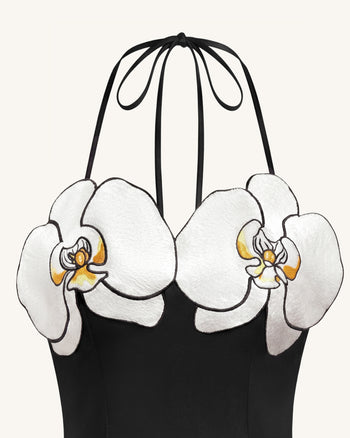 Robe midi asymétrique à broderies orchidées - Noir